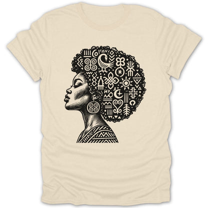 T-shirt with black and white graphic of a woman's profile with patterned afro.