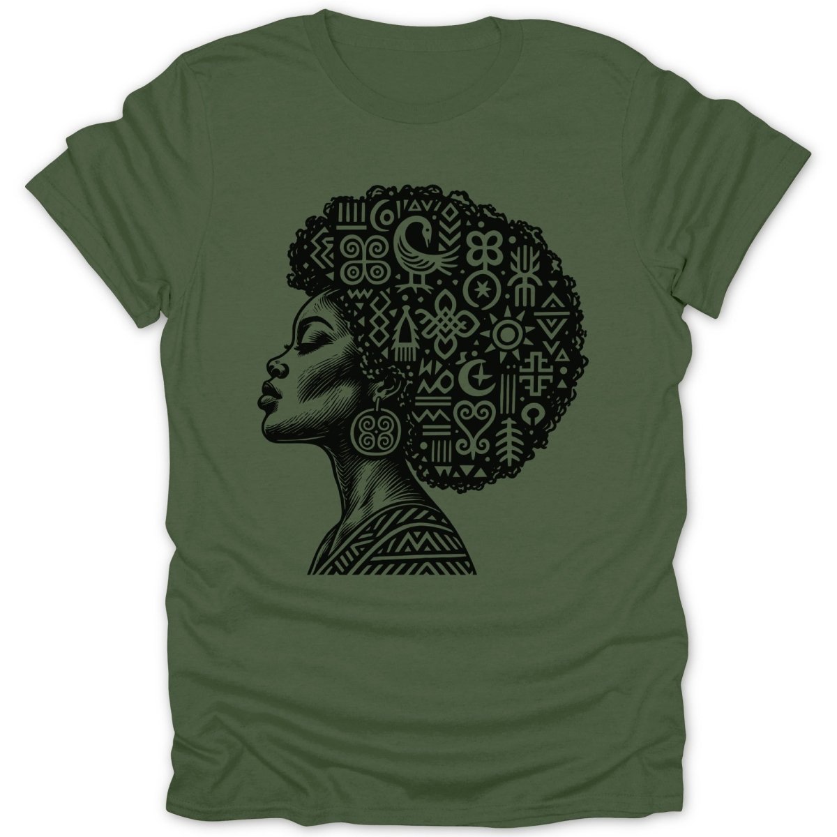 Green t-shirt with profile of woman with afro filled with Adinkra symbols.