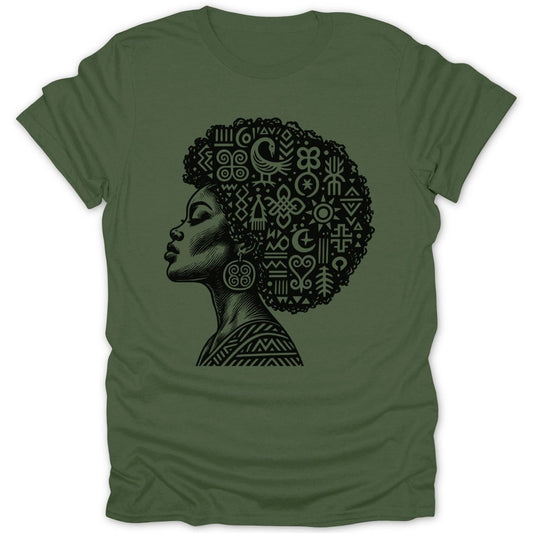 Green t-shirt with profile of woman with afro filled with Adinkra symbols.
