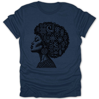 Profile of a woman with an afro filled with geometric symbols on a navy t-shirt.
