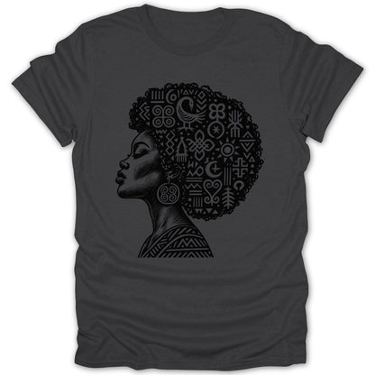 Dark t-shirt featuring a profile of a woman with an afro filled with Adinkra symbols.