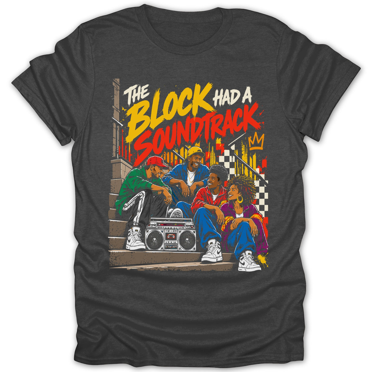 "The Block Had a Soundtrack" text with four friends and a boombox on stairs.