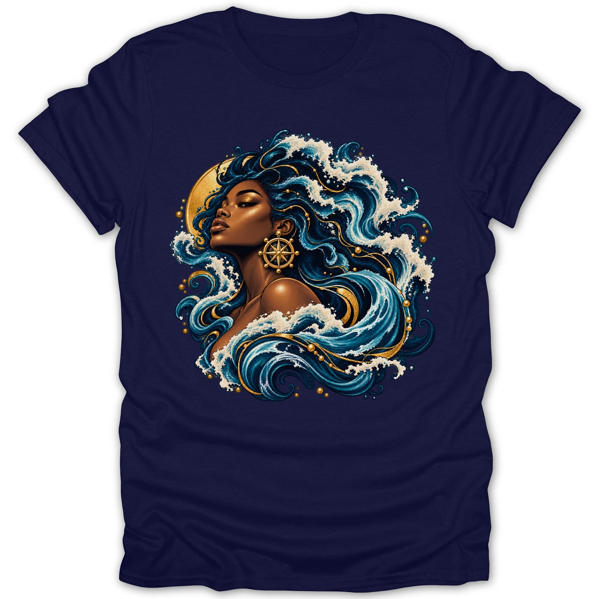 Illustration of a woman with blue hair and waves, wearing a ship's wheel earring.