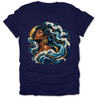 Illustration of a woman with blue hair and waves, wearing a ship's wheel earring.