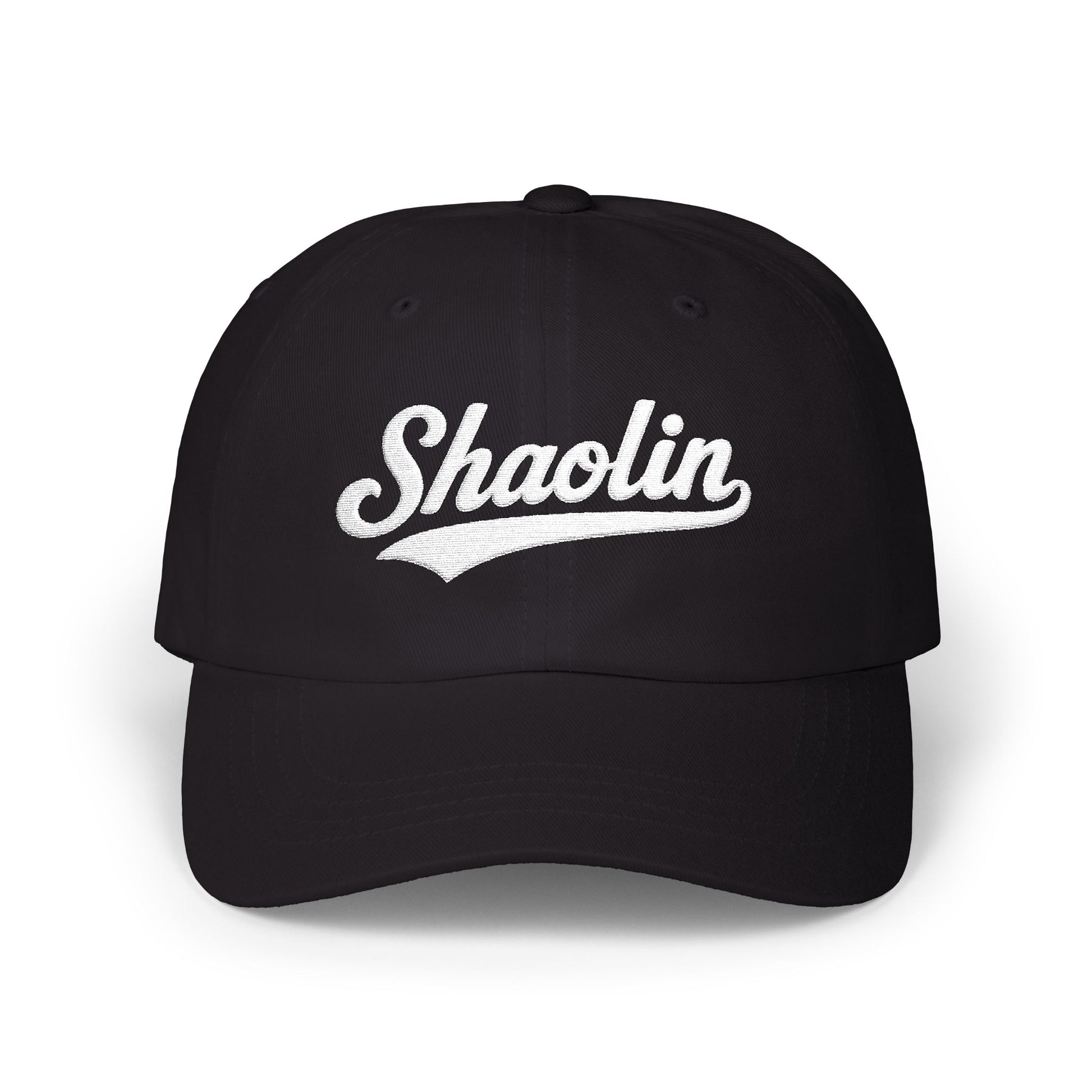 Black baseball cap with white "Shaolin" script embroidery.