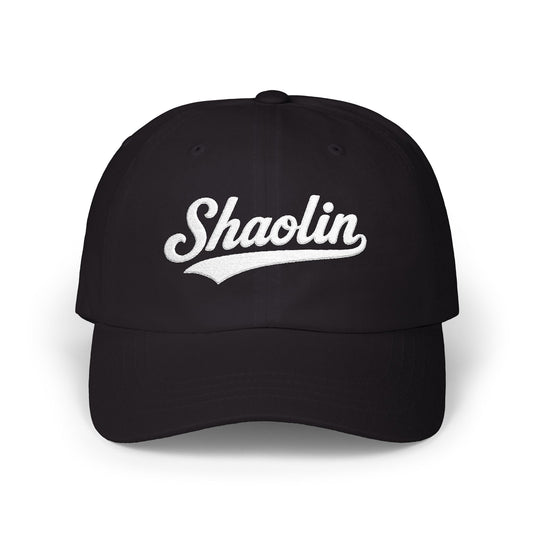 Black baseball cap with white "Shaolin" script embroidery.