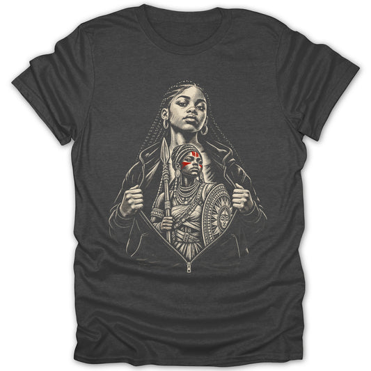 T-shirt with a zipped jacket graphic revealing a warrior woman with spear and shield.