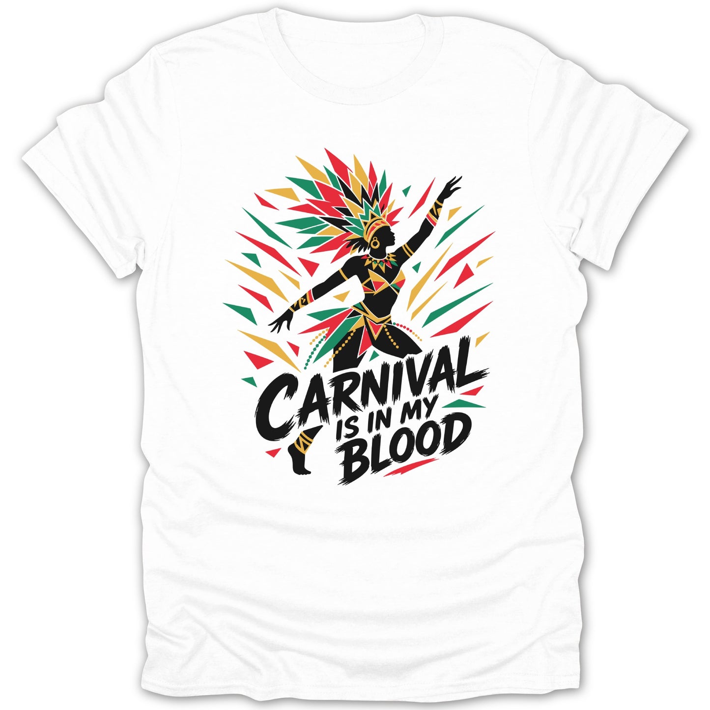 White t-shirt with "Carnival Is In My Blood" text and a dancing woman.
