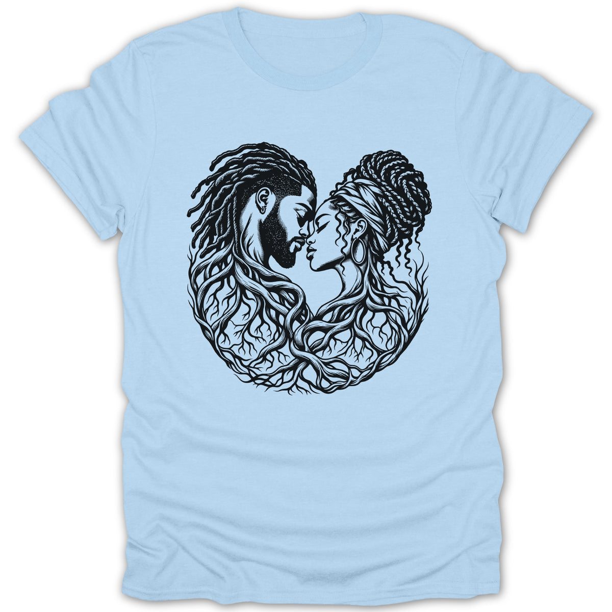 Black line art of a couple entwined with tree roots on a light blue t-shirt.