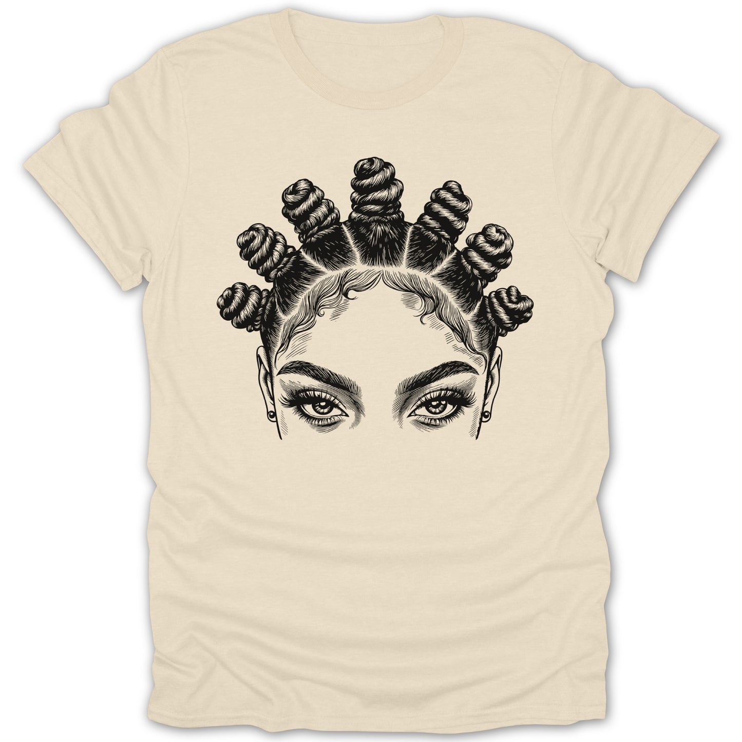 Black and white illustration of a woman's eyes and bantu knot hairstyle on a cream t-shirt.