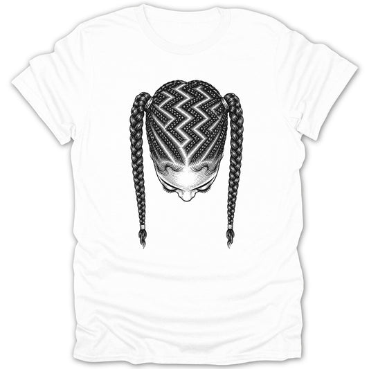 Black and white graphic of a person's head with intricate braided hairstyles.