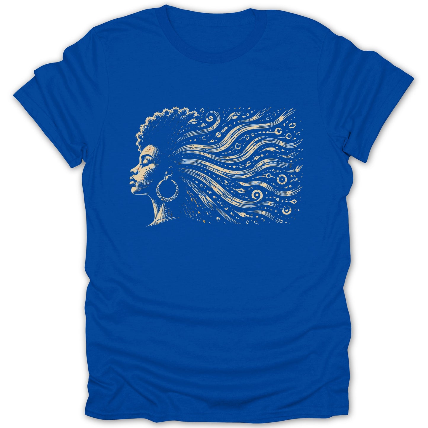 Blue t-shirt with a graphic of a woman's profile with swirling, patterned hair.