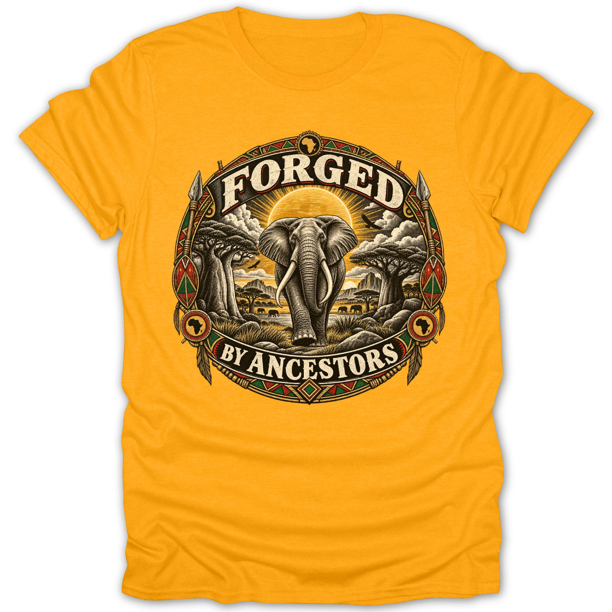 Yellow t-shirt with an elephant and text "FORGED BY ANCESTORS" in an oval design.