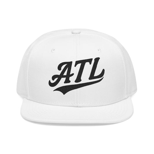 White baseball cap with black "ATL" script logo.
