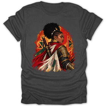 Dark grey t-shirt with an illustration of a woman warrior with a sword.