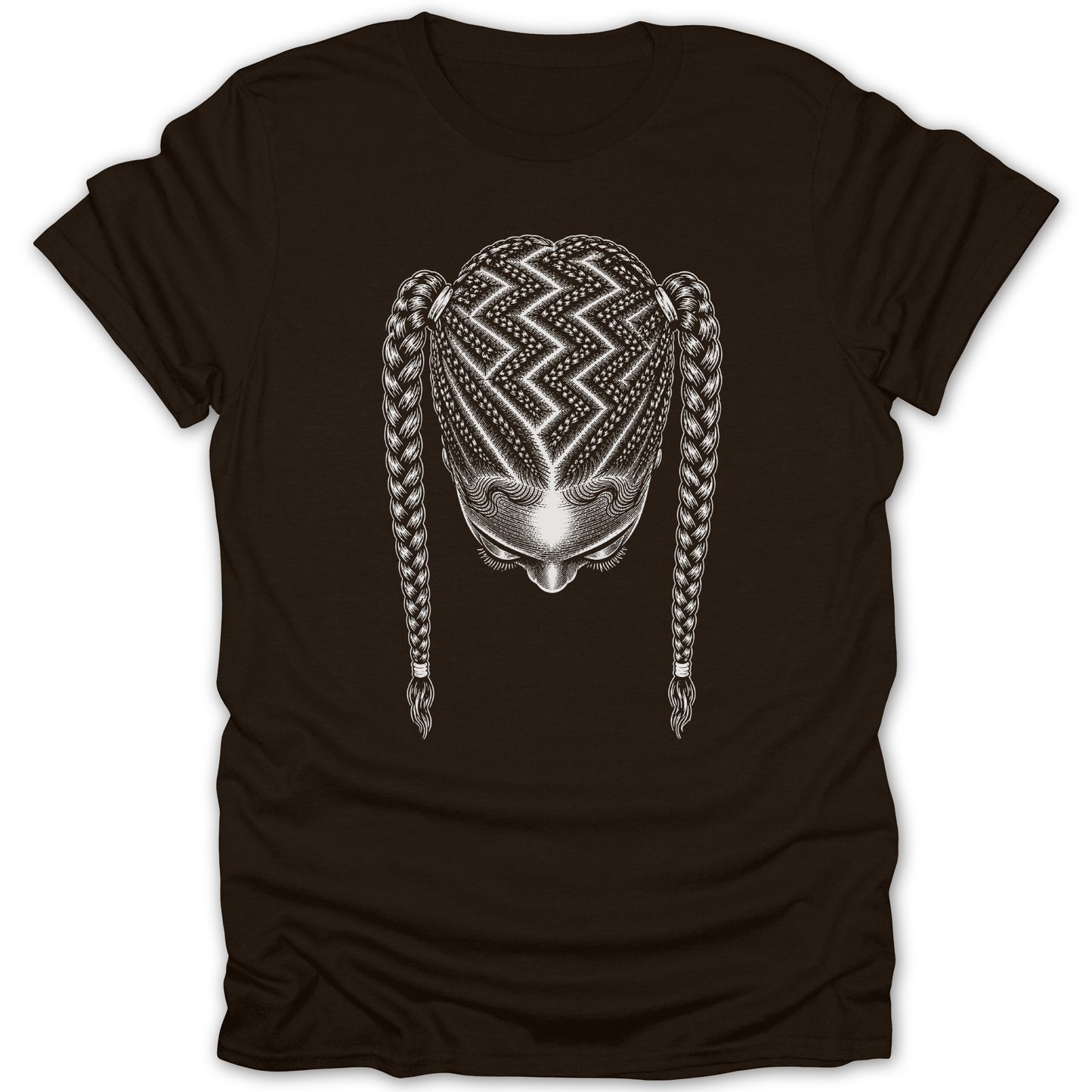 Brown t-shirt with a detailed line drawing of a person's head with braided hair.