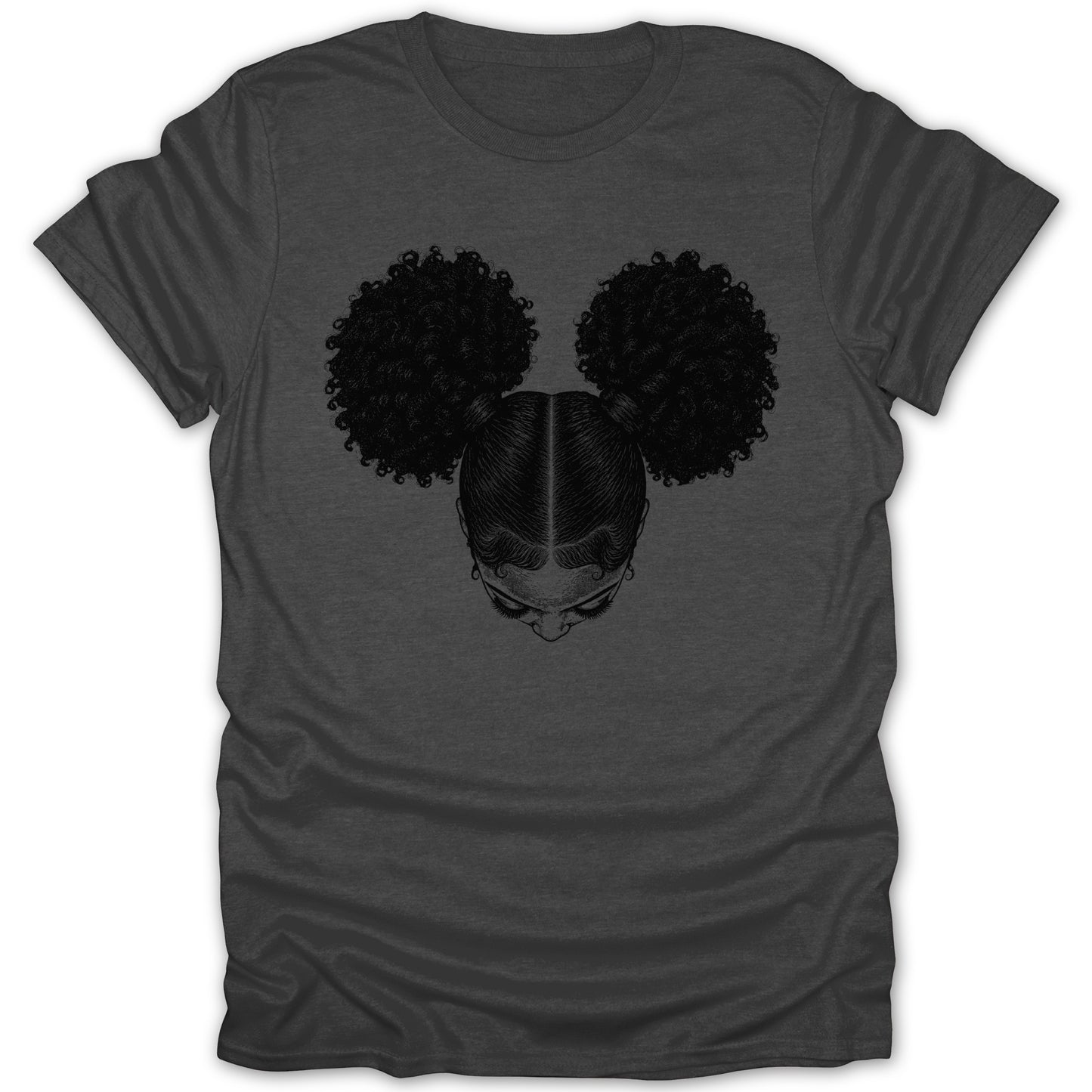 Dark gray t-shirt with illustration of a girl's head with two large afro puffs.