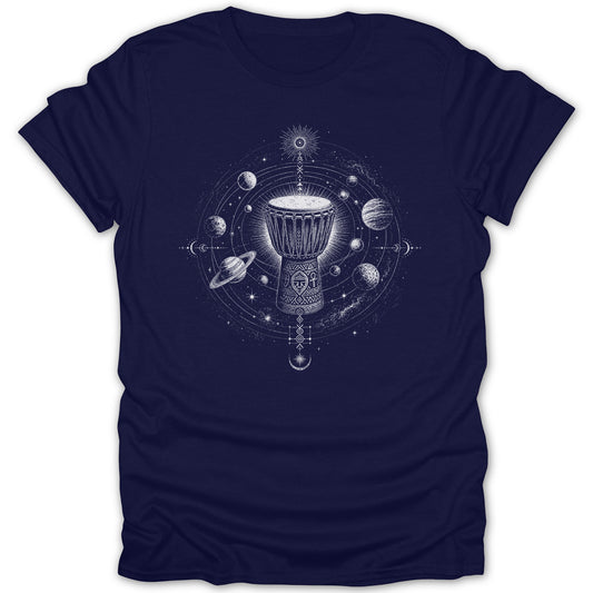 White celestial design of a drum surrounded by planets and stars on a navy t-shirt.