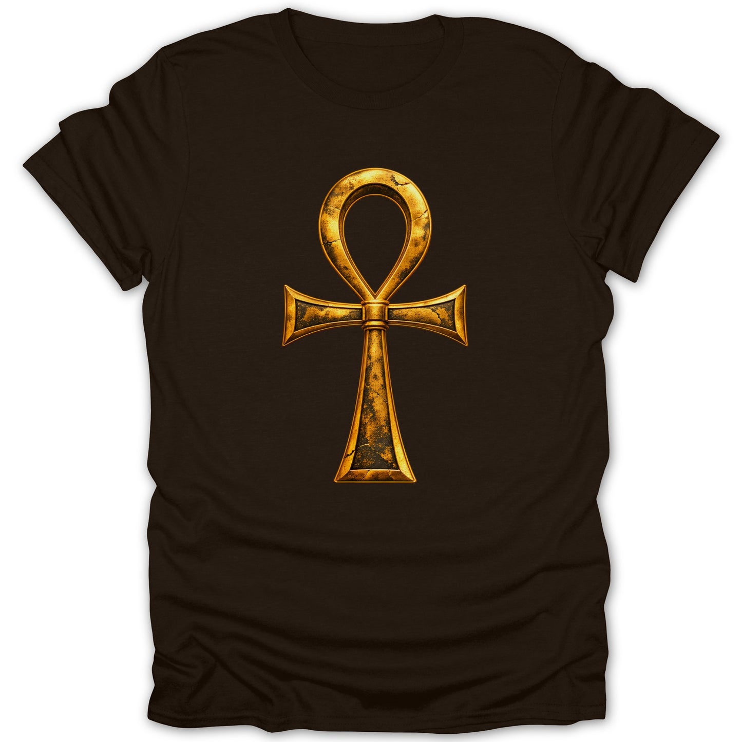 Brown t-shirt with a golden, textured ankh symbol on the front.