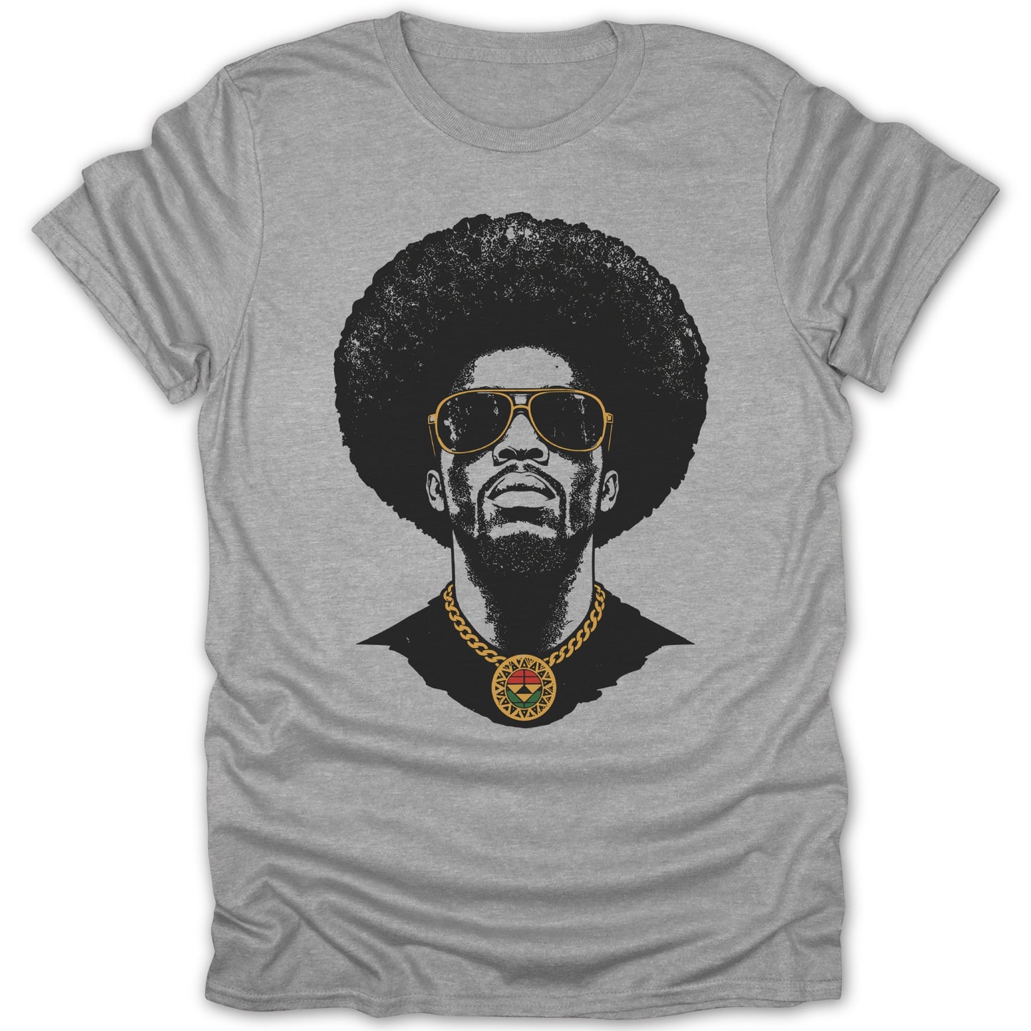 Grey t-shirt with illustration of a man with an afro, sunglasses, and medallion.