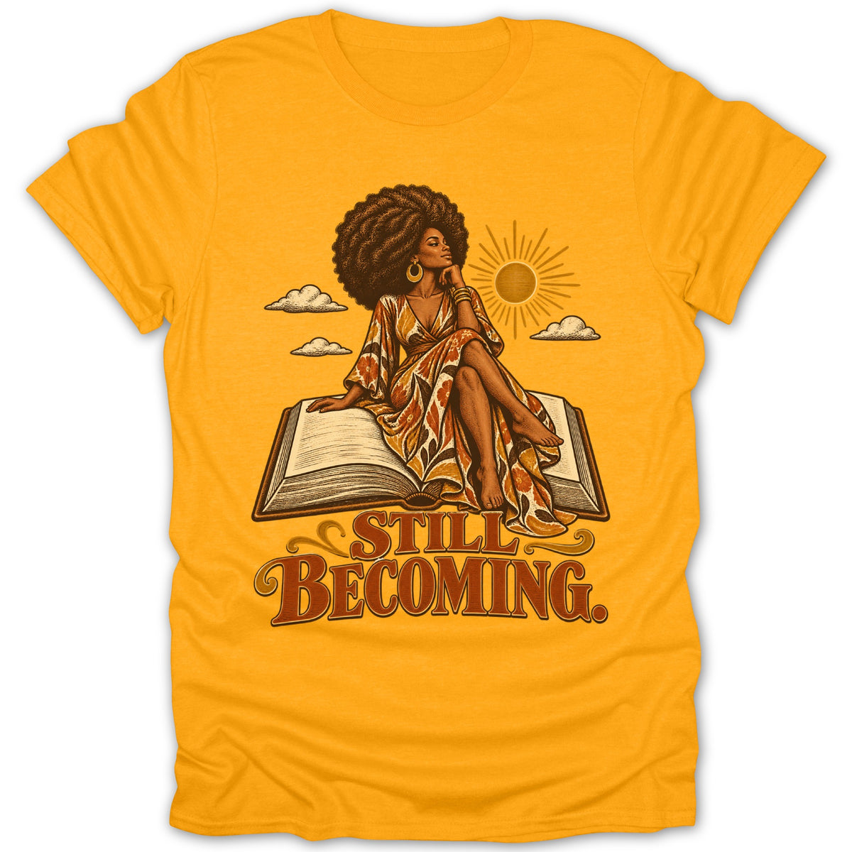 Woman with afro sitting on an open book with text "STILL BECOMING".