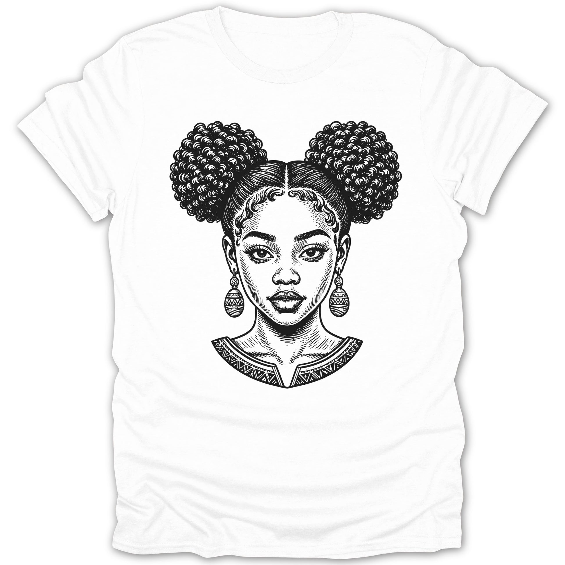 Black and white sketch of a woman with afro puffs and patterned earrings on a white t-shirt.