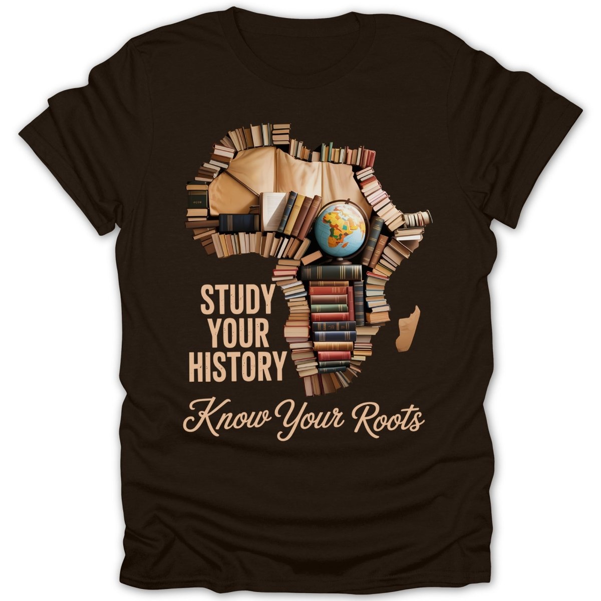 Africa silhouette made of books with "Study Your History Know Your Roots" text.