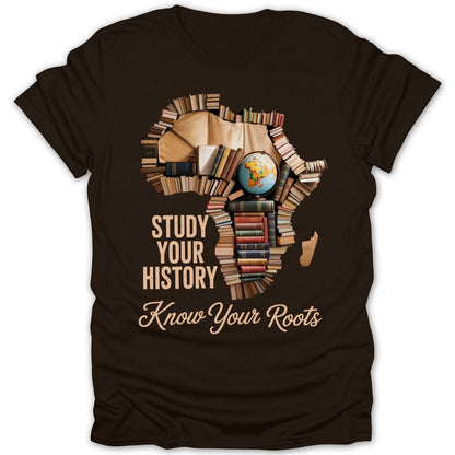 Africa silhouette made of books with "Study Your History Know Your Roots" text.