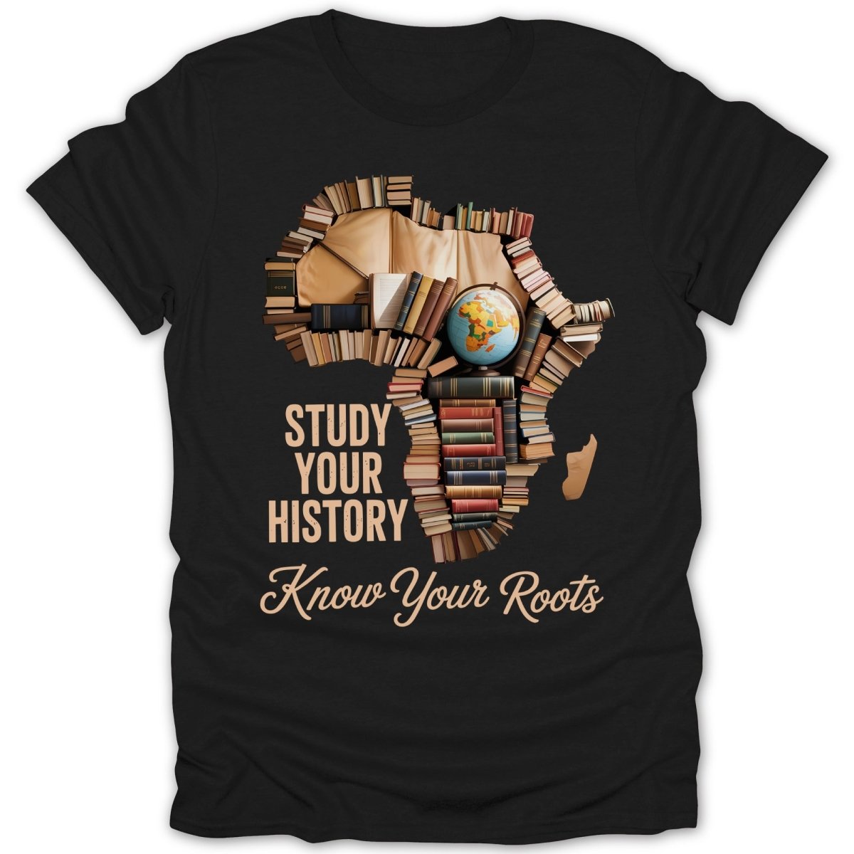 Black t-shirt with African continent made of books and text "STUDY YOUR HISTORY Know Your Roots".