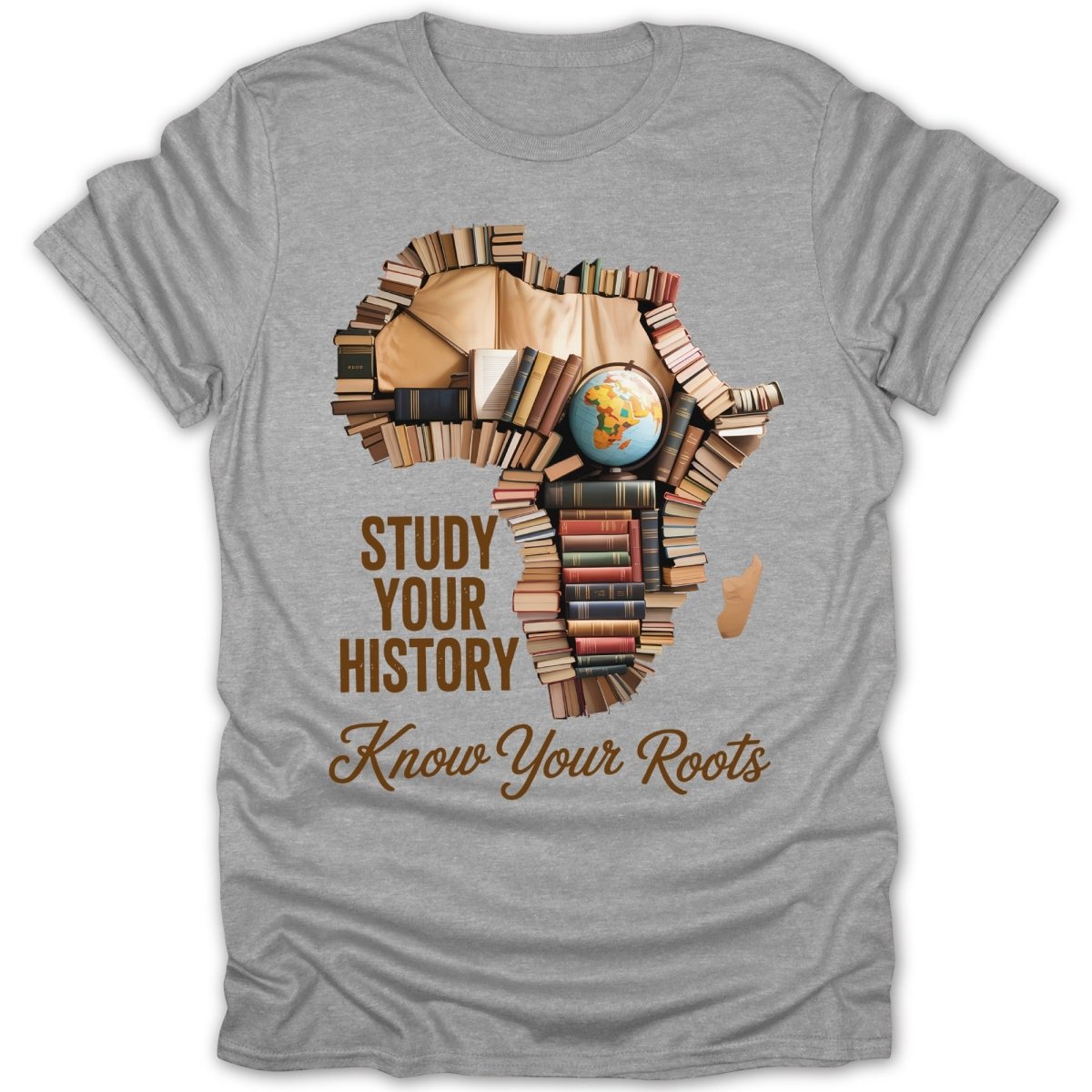Africa shaped from books with globe, reads "Study Your History Know Your Roots".