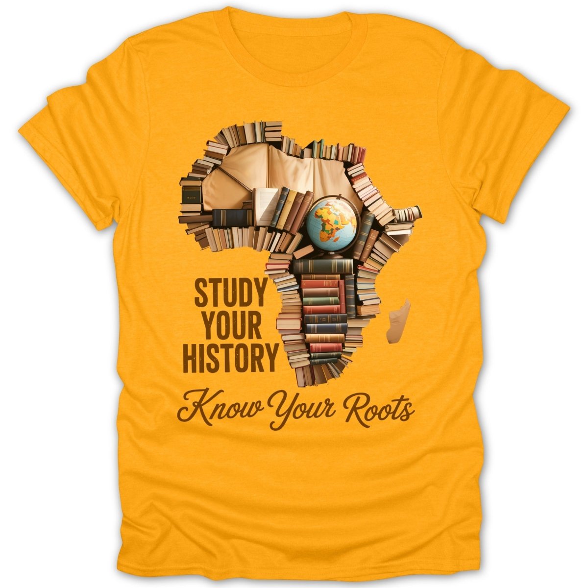 Yellow t-shirt with Africa map made of books, a globe, and text.