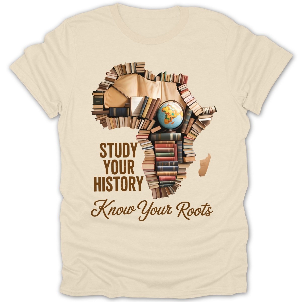 Africa outline made of books with globe, text "Study Your History Know Your Roots".
