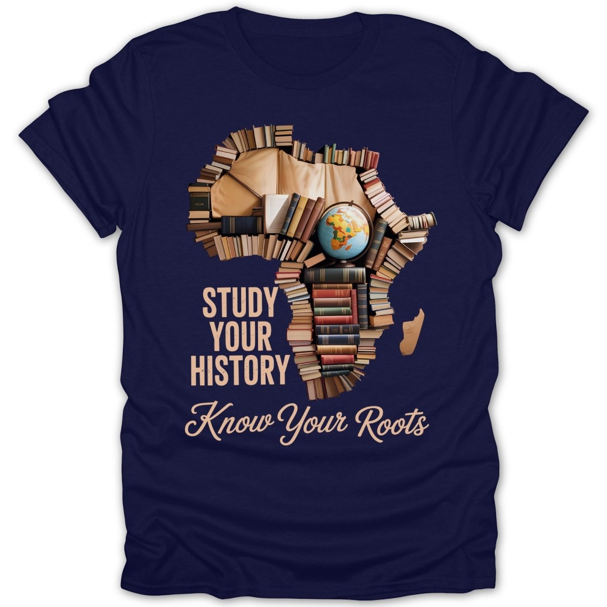 Africa shape outlined by books, with a globe, text "Study Your History Know Your Roots".