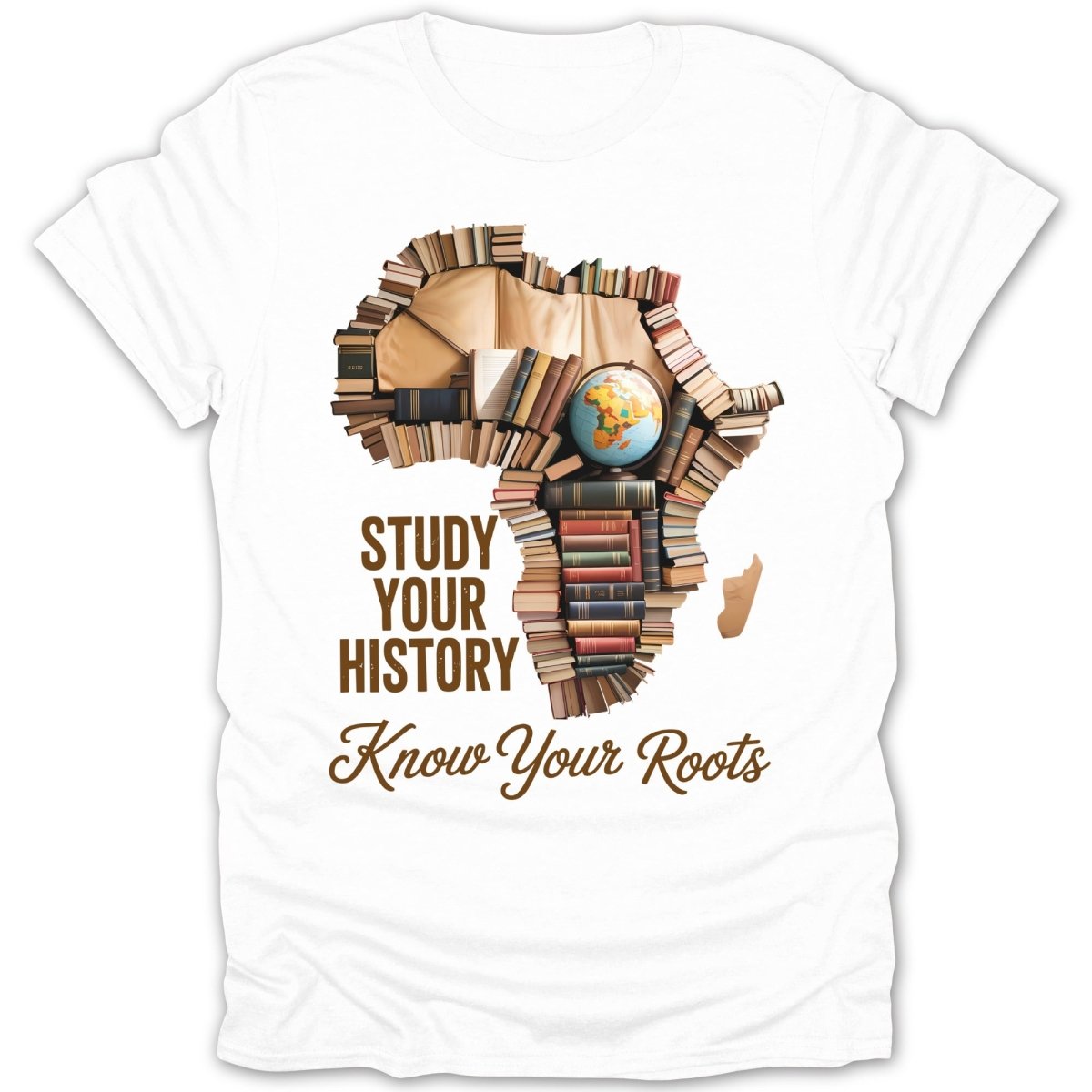 White t-shirt with Africa outline made of books and text "STUDY YOUR HISTORY Know Your Roots".