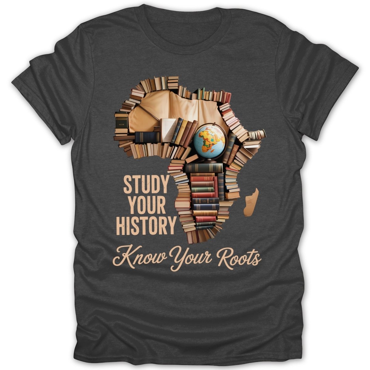 Africa map made of books with globe, text "STUDY YOUR HISTORY Know Your Roots."