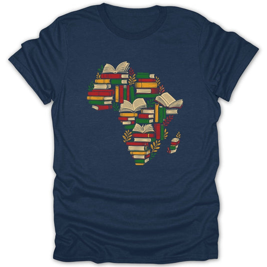 Africa-shaped illustration of stacked books in red, green, yellow, and white.