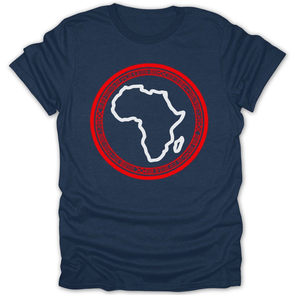 Dark blue t-shirt with a white outline of Africa inside a red circular emblem.