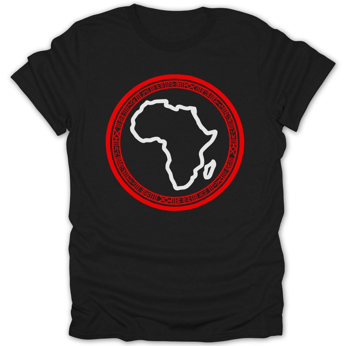 Black t-shirt with a white outline of Africa inside a red circular tribal pattern.
