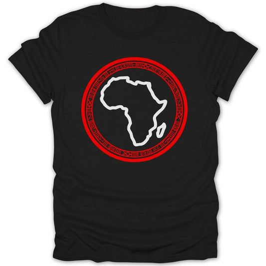 Black t-shirt with a white outline of Africa inside a red circular tribal pattern.