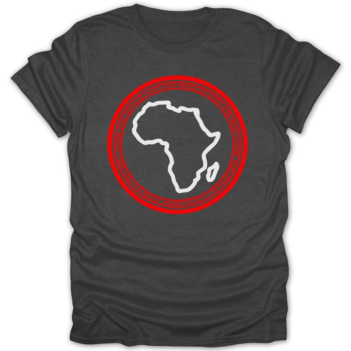 Dark grey t-shirt with a white outline of Africa within a red circular design.