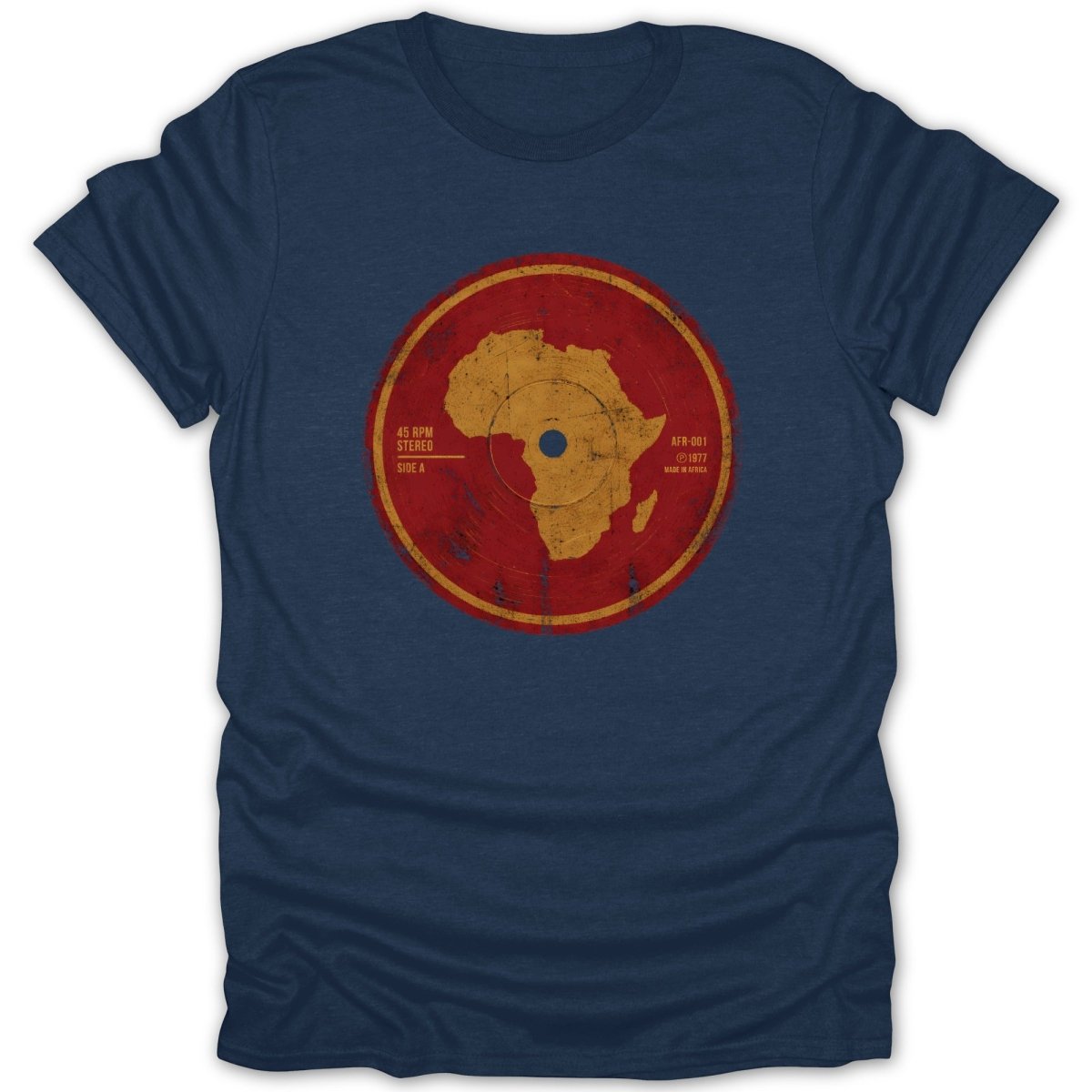 Navy t-shirt with distressed vinyl record graphic featuring an outline of Africa.