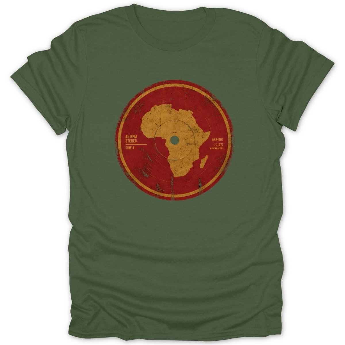 Green t-shirt featuring a distressed vinyl record design with the continent of Africa.