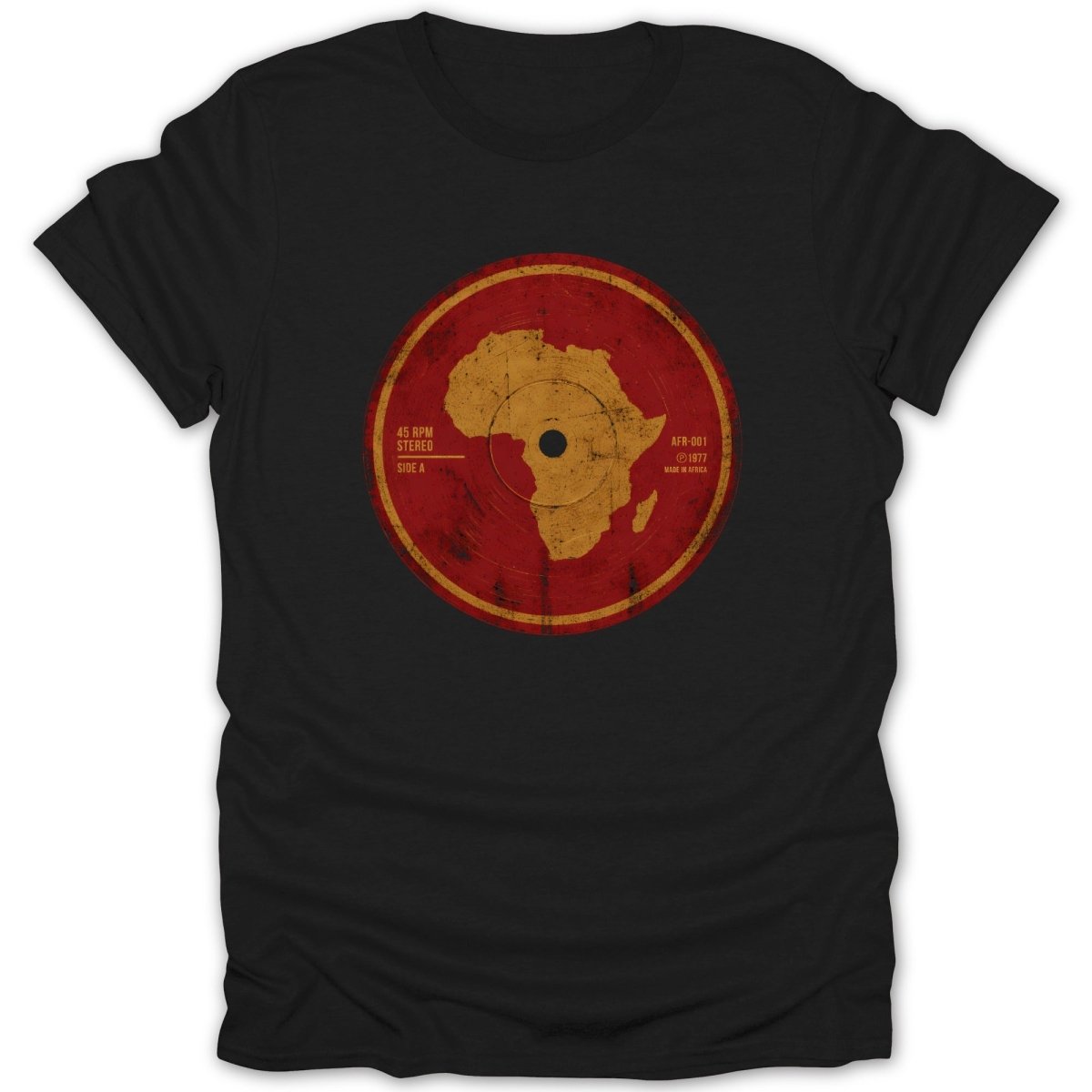 Black t-shirt with round vinyl record graphic of Africa, 45 RPM Stereo