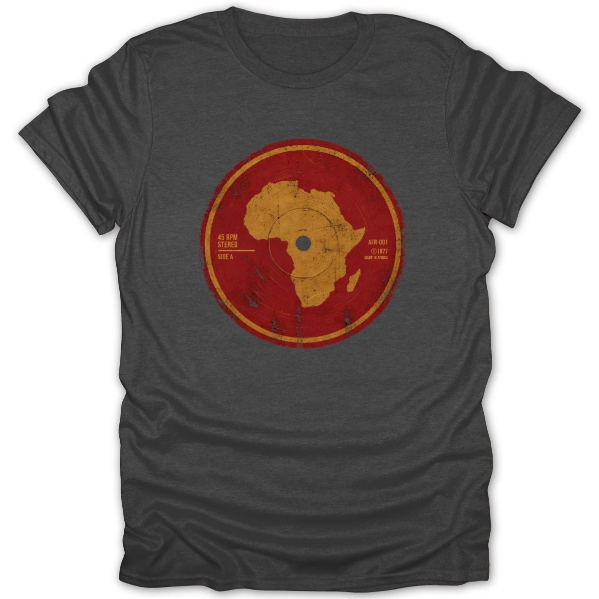 Dark t-shirt with a distressed vinyl record graphic featuring the continent of Africa.