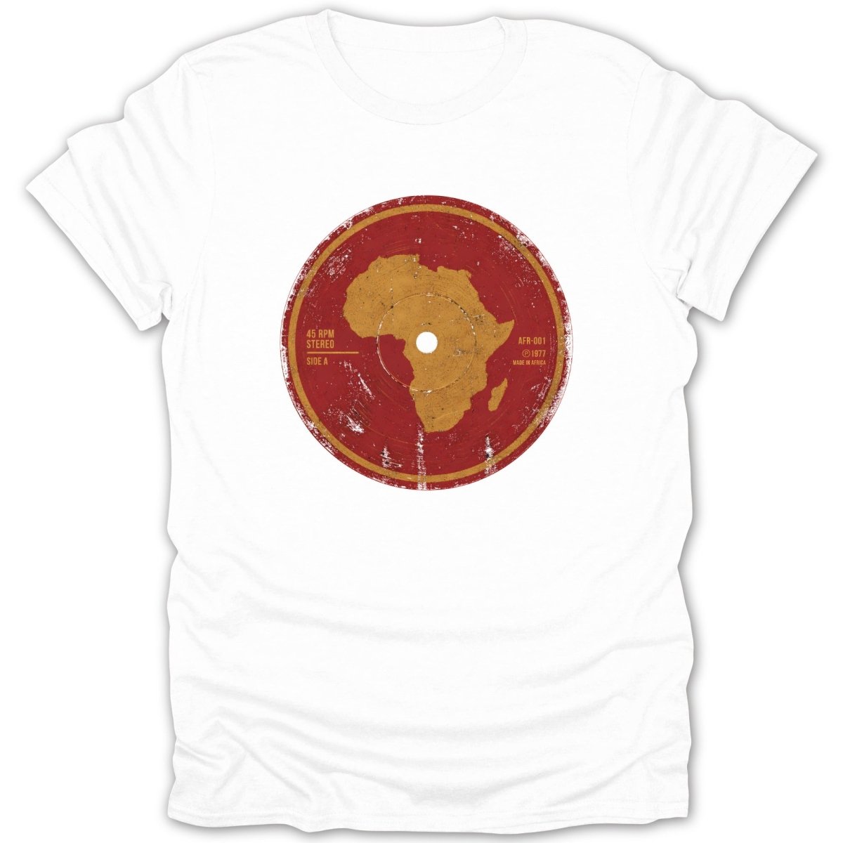 White t-shirt with distressed vinyl record graphic of Africa, 45 RPM, Stereo, Side A, AFR-001, 1977, Made in Africa.