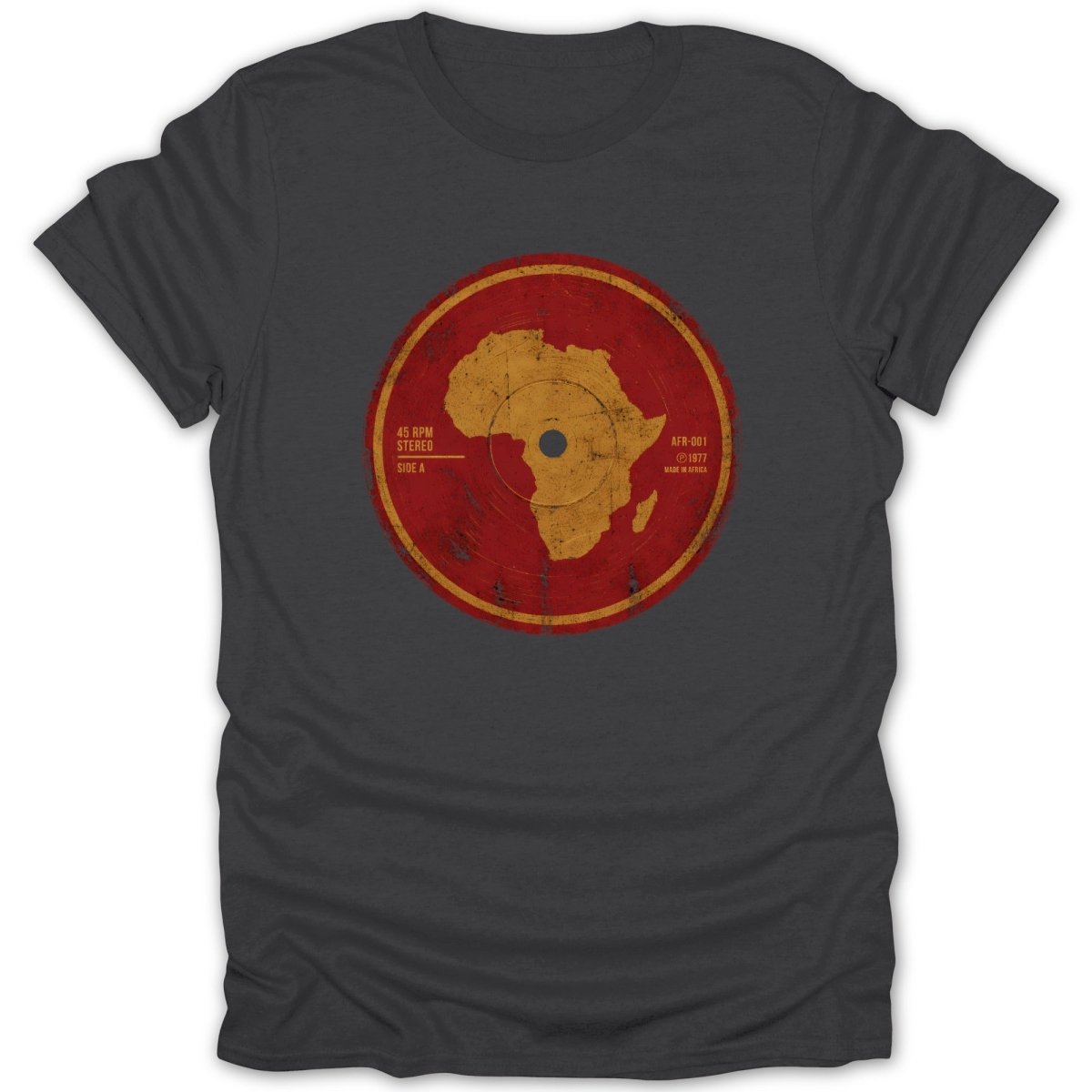 Dark grey t-shirt with a vintage vinyl record graphic featuring the continent of Africa.