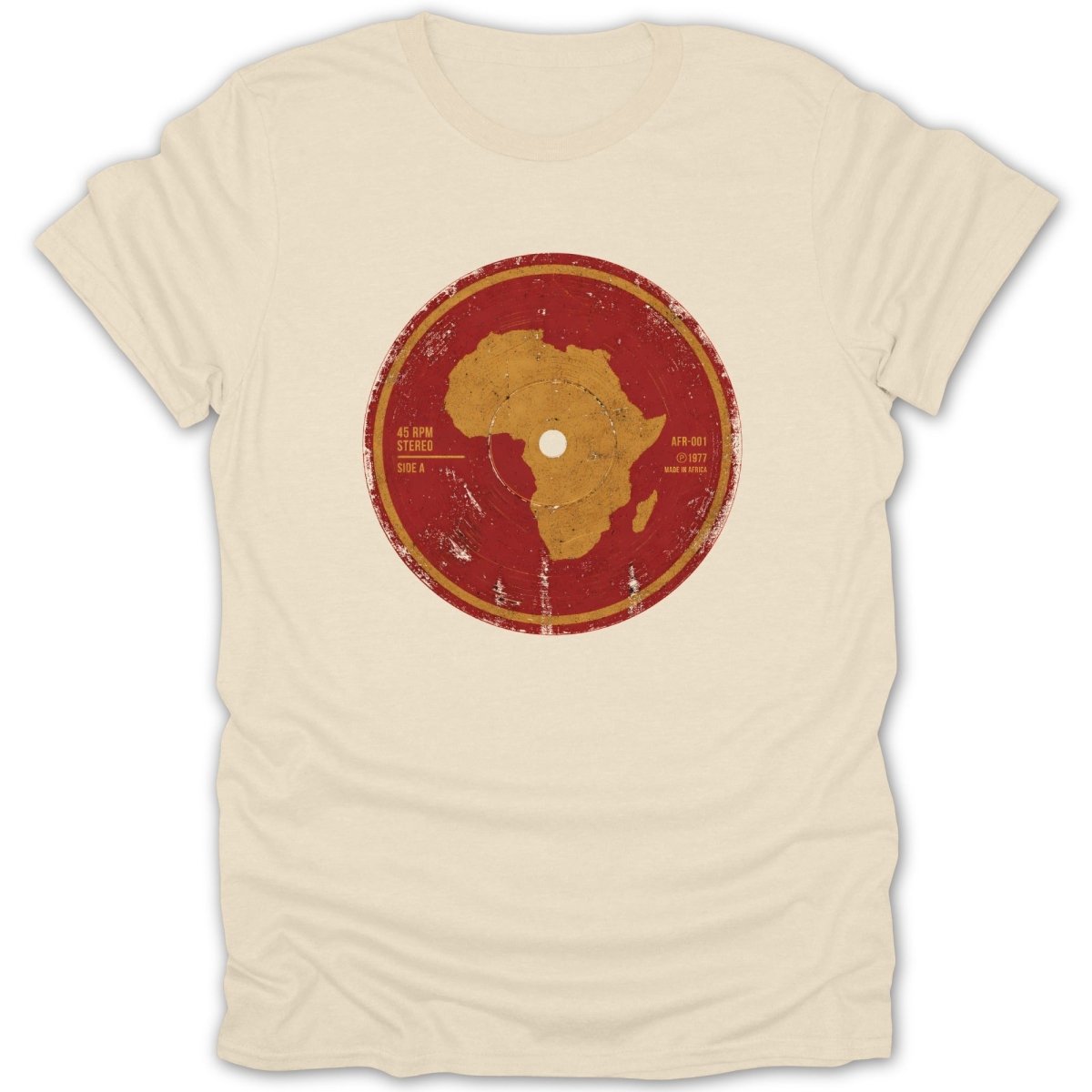 Cream t-shirt with distressed vinyl record print of Africa, 45 RPM, Stereo, Side A