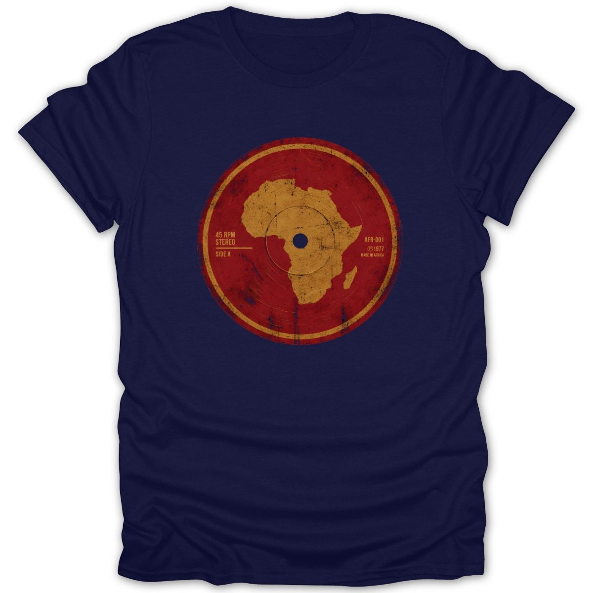 Navy t-shirt with a distressed vinyl record design featuring the continent of Africa.