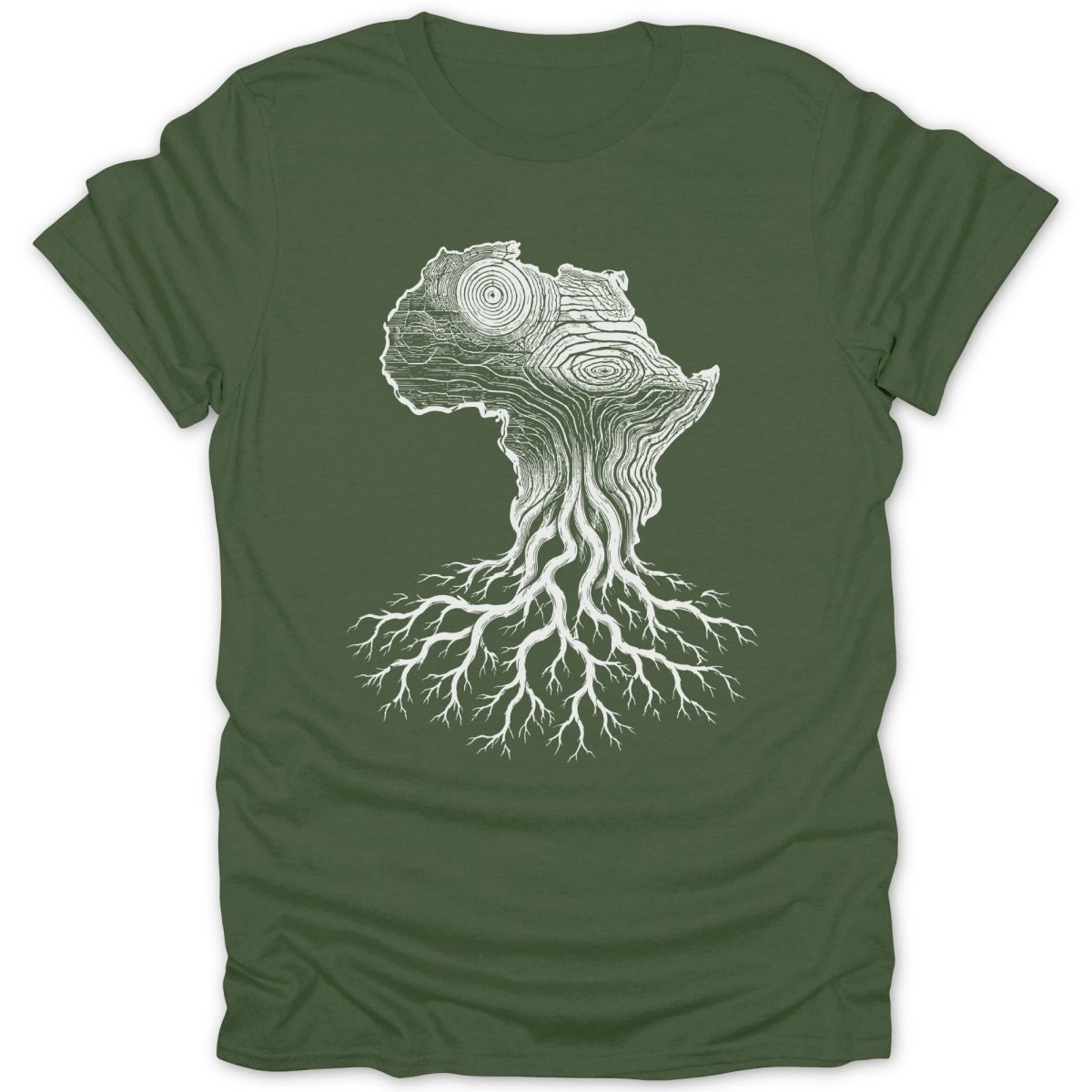 Green t-shirt with white graphic of Africa shaped like a tree trunk with roots.