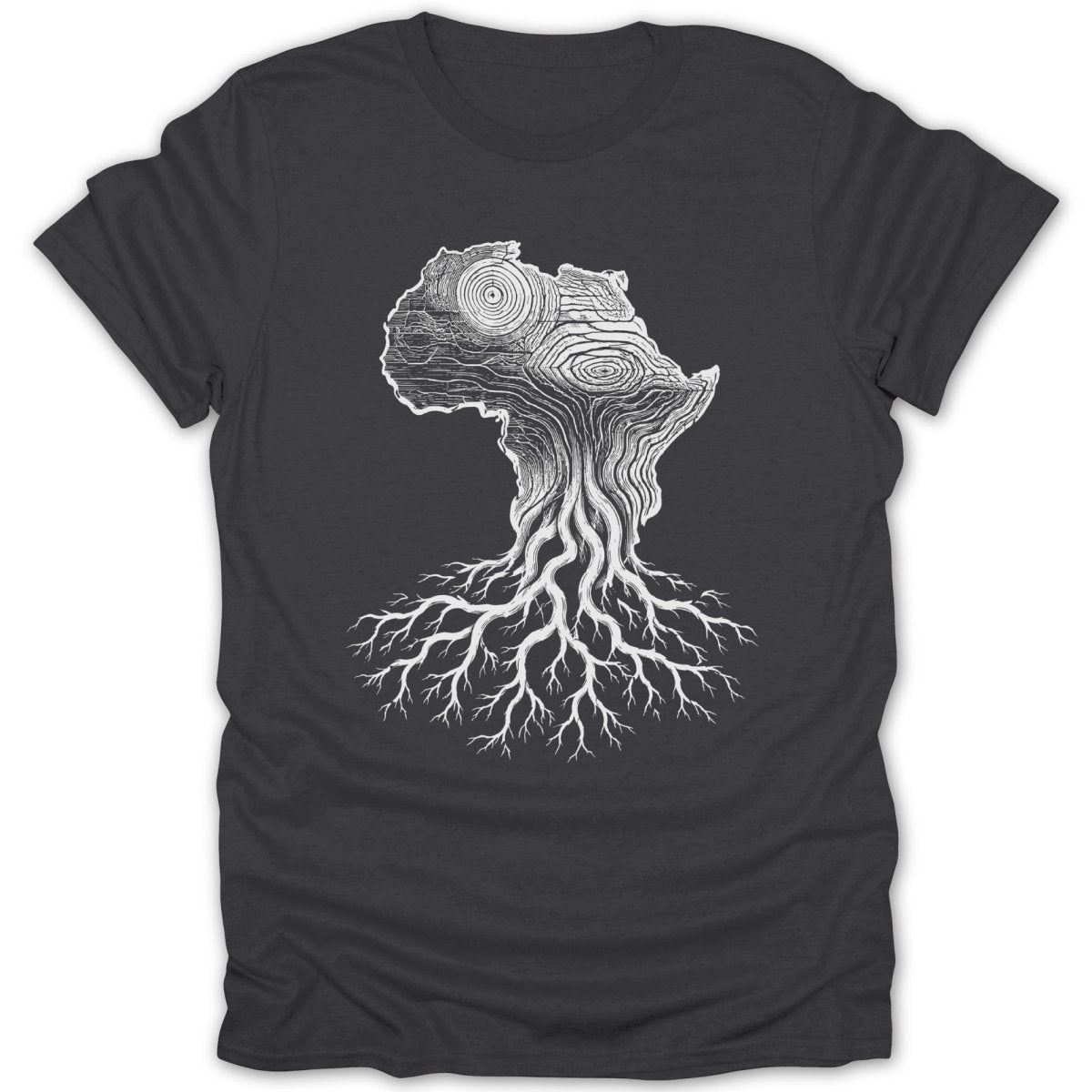 Dark t-shirt with white graphic of Africa depicted as a tree with roots.